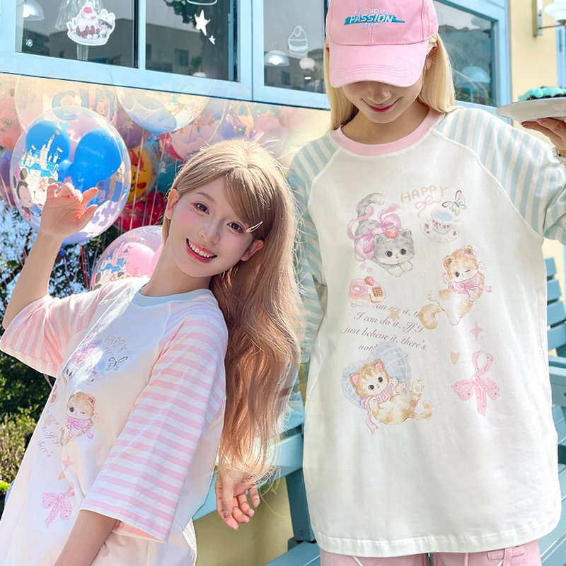 森女部落原创可爱猫咪印花撞色短袖T恤闺蜜装2025年夏季新款女装