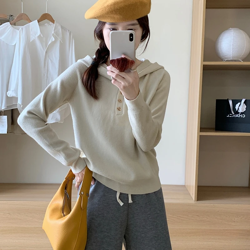 【余鱼精选】JD58668 冬季新款纯色针织衫连帽毛衣套头宽松休闲女