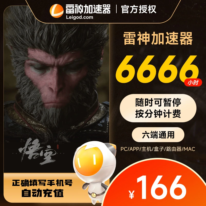 雷神加速器6666小时可暂停 Apex/CSGO/Steam端/手游PC游戏充值