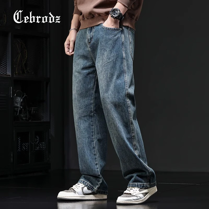 Cebrodz秋季新款美式潮流复古洗水宽松百搭休闲直筒阔腿牛仔裤男