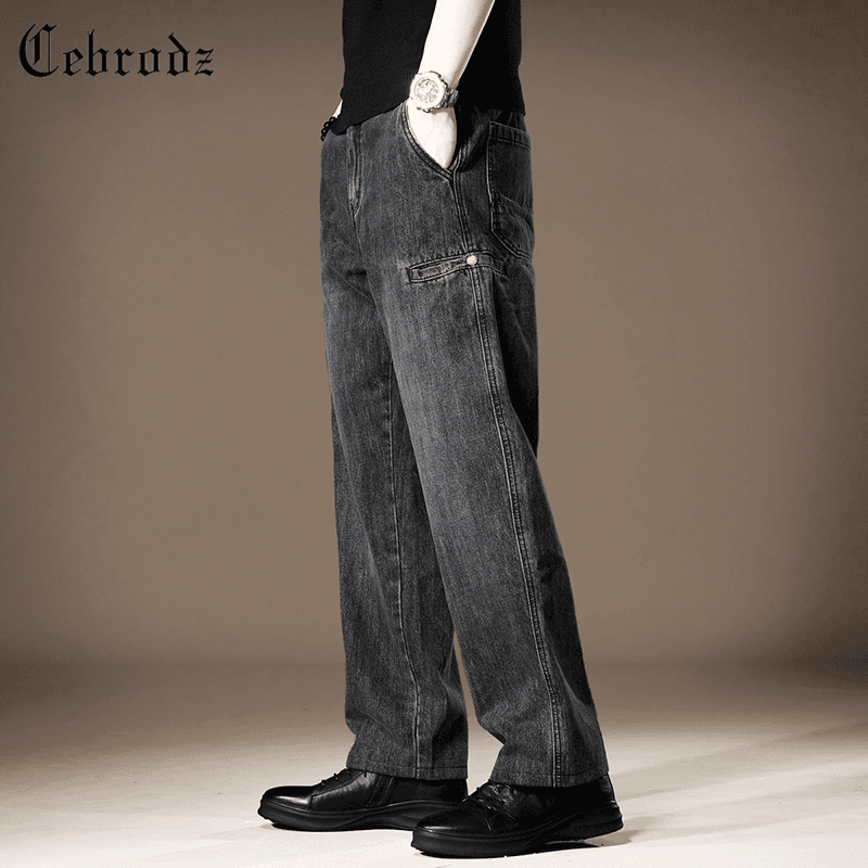 cebrodz 美式复古街头破洞牛仔裤男夏季宽松直筒港风阔腿拖地长裤