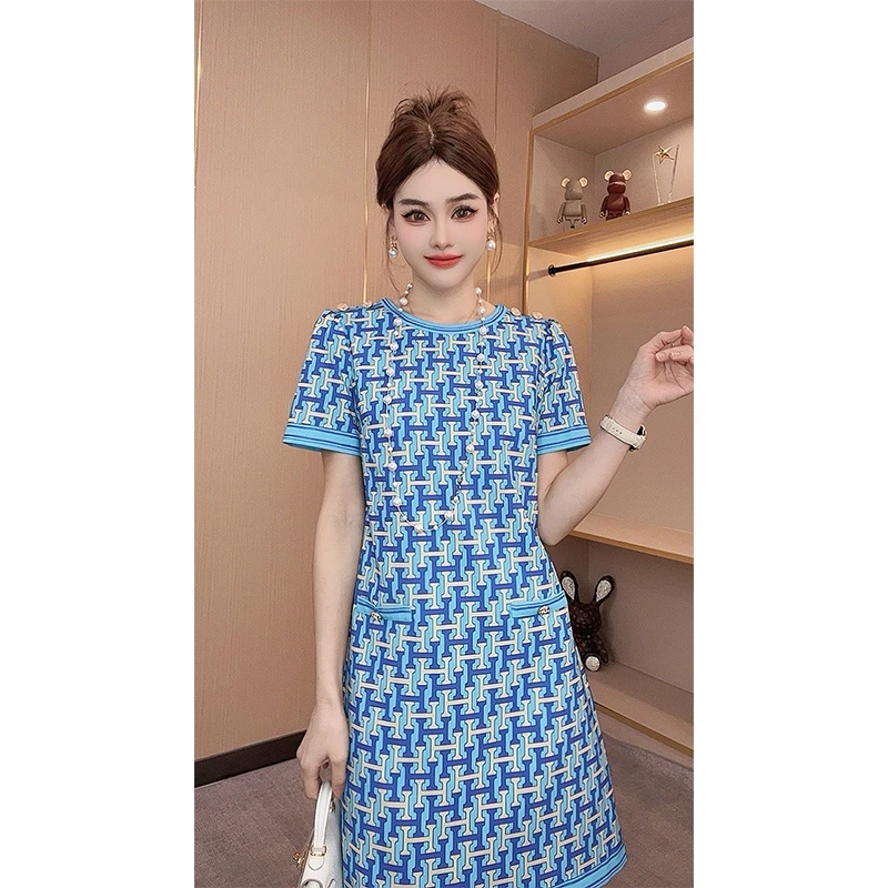 夏季轻奢高端时尚气质A字显瘦圆领短袖印花连衣裙