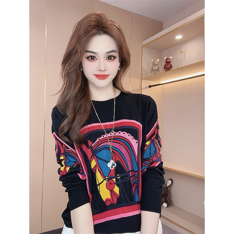 早春减龄小众复古时尚宽松洋气百搭显瘦气质休闲织花打底针织衫女