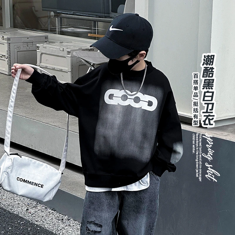 儿童装黑色卫衣春秋款男童2024新款中大童酷帅长袖春季内搭上衣潮