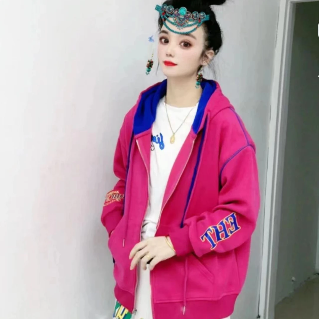 2024秋季新款连帽印花拼接洋气百搭宽松显瘦休闲运动休闲女外套