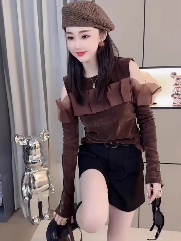 2024秋季新款圆领拼接荷叶边设计感长袖T恤女欧货复古高级感上衣
