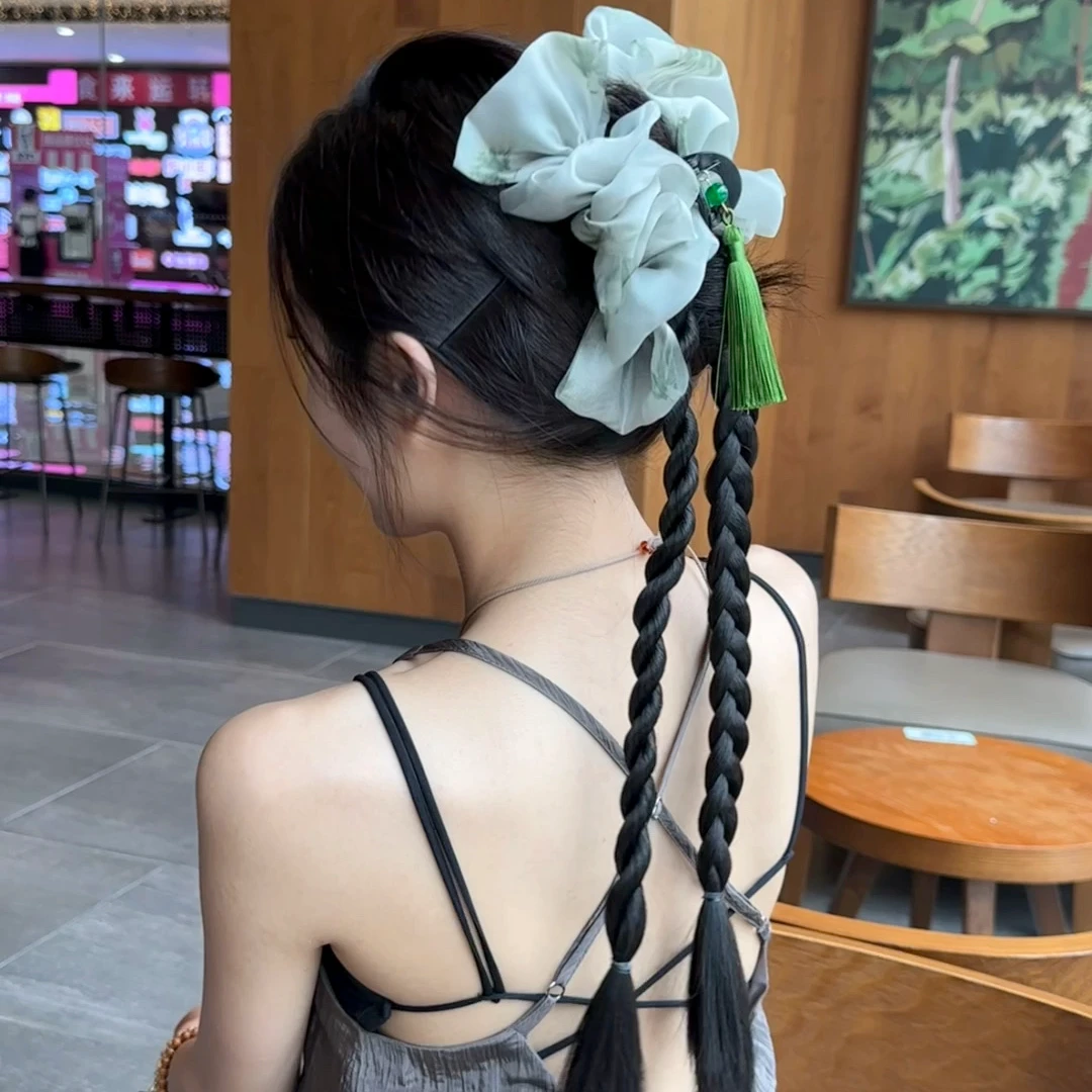 新中式假发辫马尾女山青流苏国风麻花辫汉服旗袍马尾假发辫子抓夹