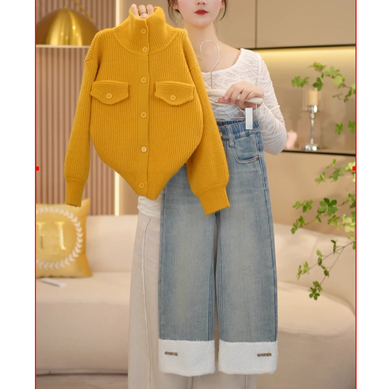 【闺蜜家】女童秋冬季2024新款韩系小香风毛衣+加绒牛仔裤套装-7400