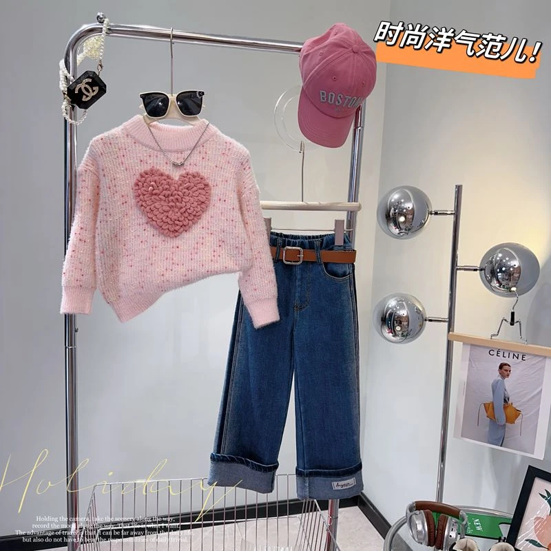 【闺蜜家】秋冬女童百搭时尚洋气针织圆领爱心套头毛衣套装-2665