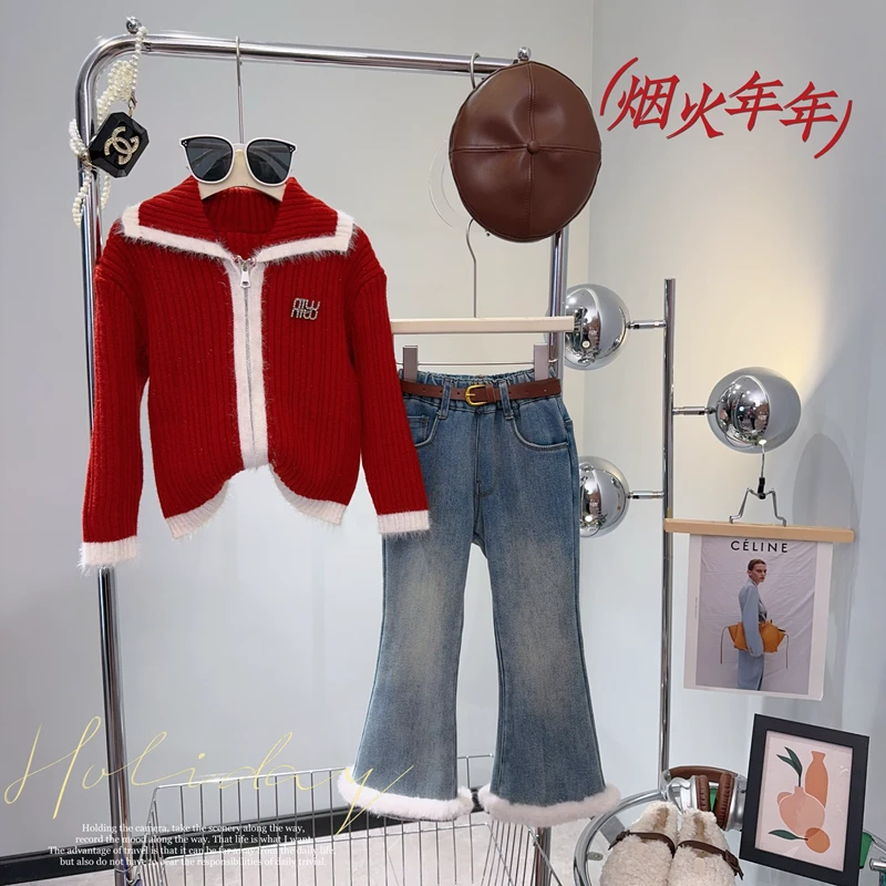 【闺蜜家】冬季新款女童韩版时尚蝴蝶结毛衣加绒微喇裤套装-3166