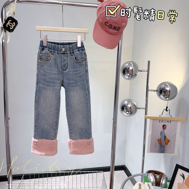 【闺蜜家】2023冬季新款女童韩版时尚洋气百搭加绒加厚牛仔裤-3099