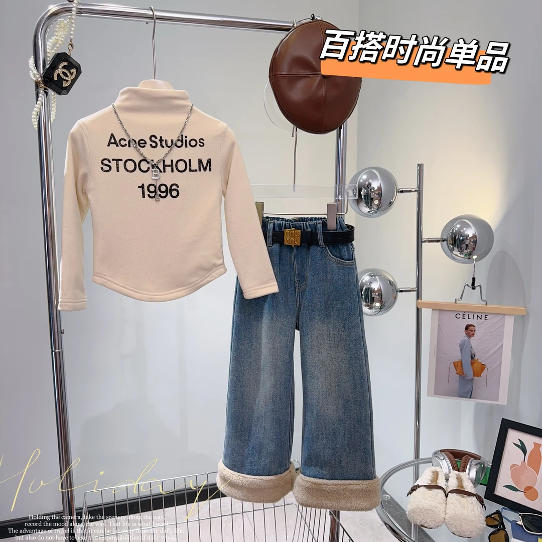 【闺蜜家】冬季新款女童韩版时尚德绒打底衫加绒牛仔裤套装-3130