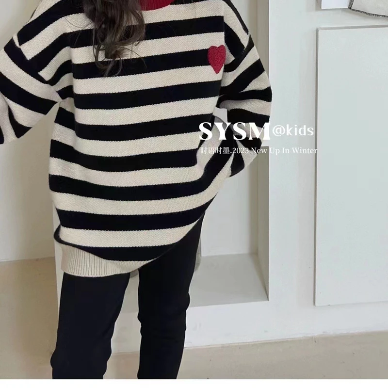 【闺蜜家】2023秋季新款女童韩版时尚休闲百搭条纹针织毛衣-3075