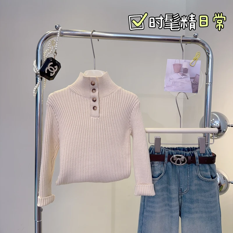 【闺蜜家】女童秋冬季新款半高领四粒扣套头针织时尚毛衣-7314