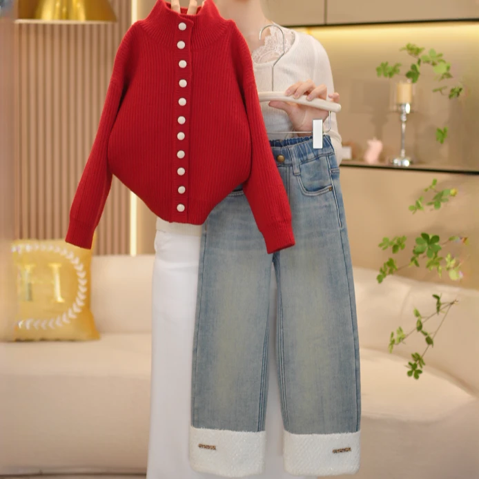 【闺蜜家】女童冬季新款时尚韩系套头针织毛衣+加绒牛仔裤套装-7428