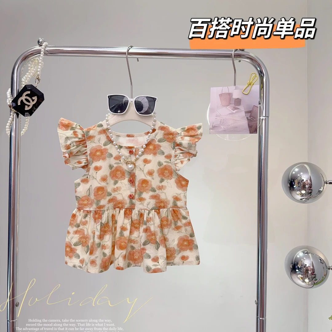 女童夏季2024新款设计感碎花甜美洋气韩版休闲小飞袖娃娃衫T-6549