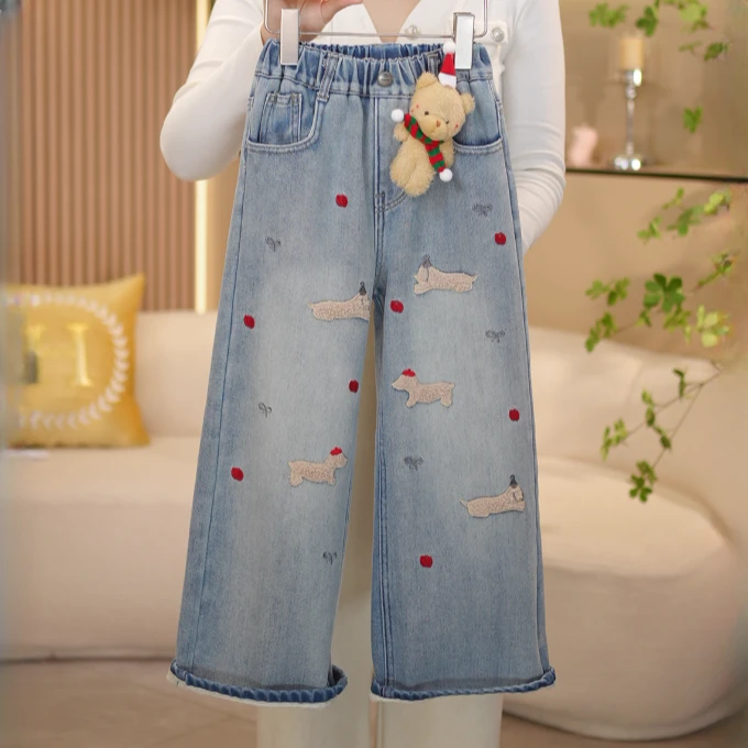 【闺蜜家】女童女孩冬季潮韩系圣诞松紧腰加绒加厚牛仔裤-7470