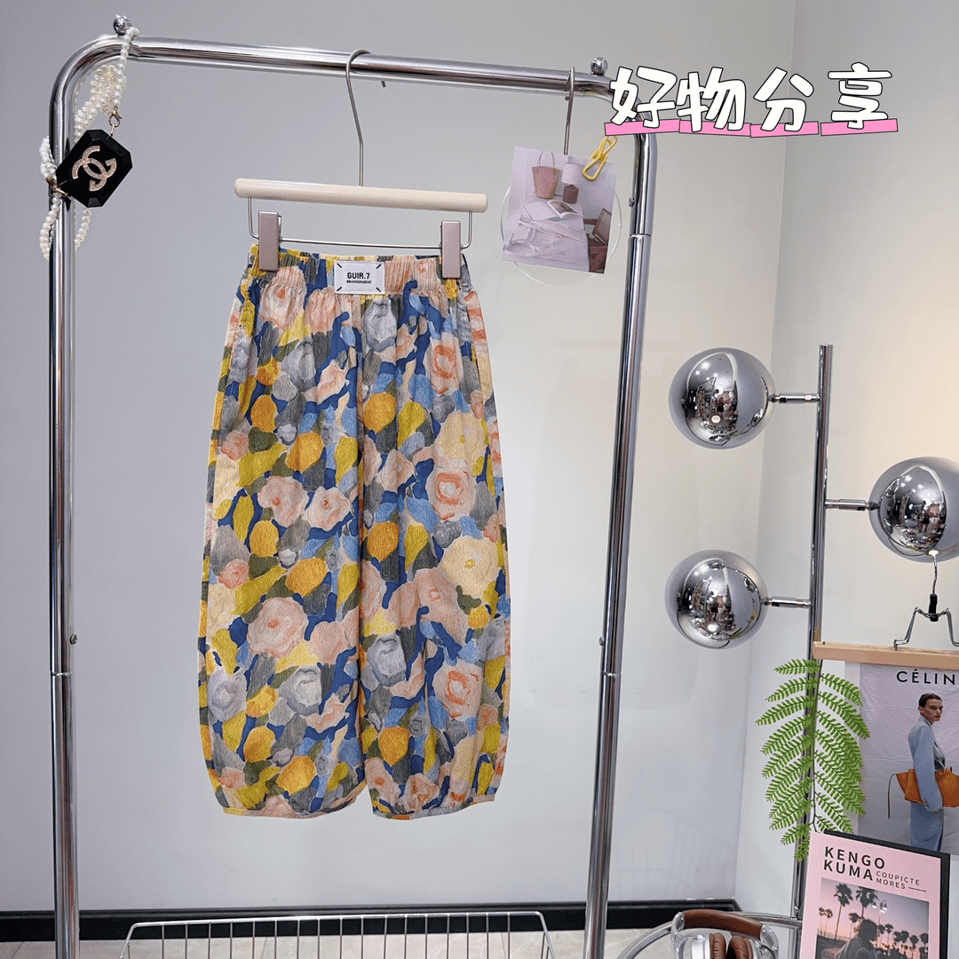 女童夏季2024新款时尚百搭潮流洋气碎花油画宽松休闲雪纺裤-6608