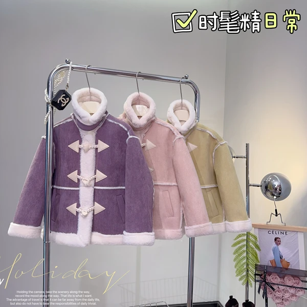 【闺蜜家】女童2024秋冬季新款加绒加厚翻领牛角扣夹克外套-7163