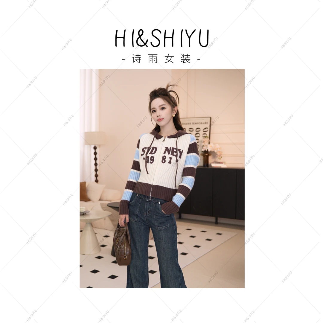 HISHIYU【街头派对】条纹贴布绣连帽开衫女春秋长袖针织衫3001
