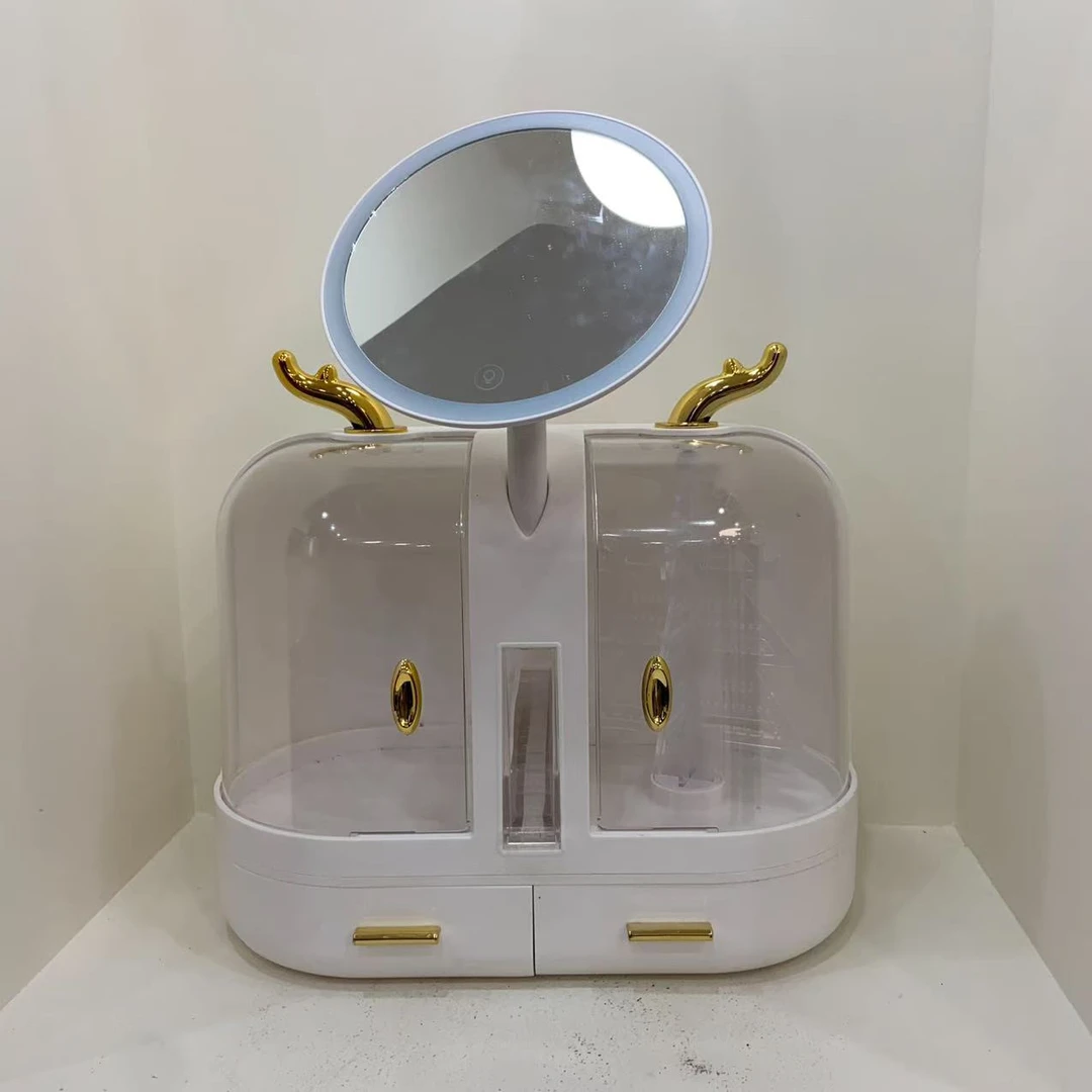 带镜化妆箱轻奢透明简约大容量高颜值旋转防尘多格