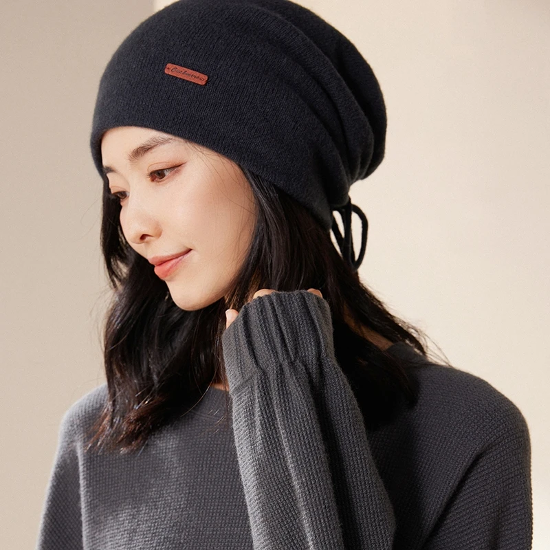 秋冬新款100%纯山羊绒针织抽绳包头帽女简约休闲双层设计感护耳帽