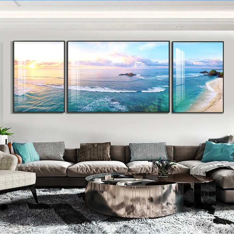 新疆包邮大海风景现代简约抽象大气客厅三联画北欧沙发背景壁画