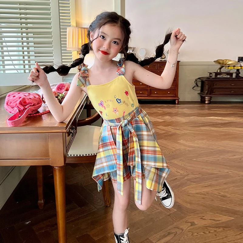 栀了成长记童装女童时髦洋气套装夏季儿童印花纯棉吊带裙裤两件套