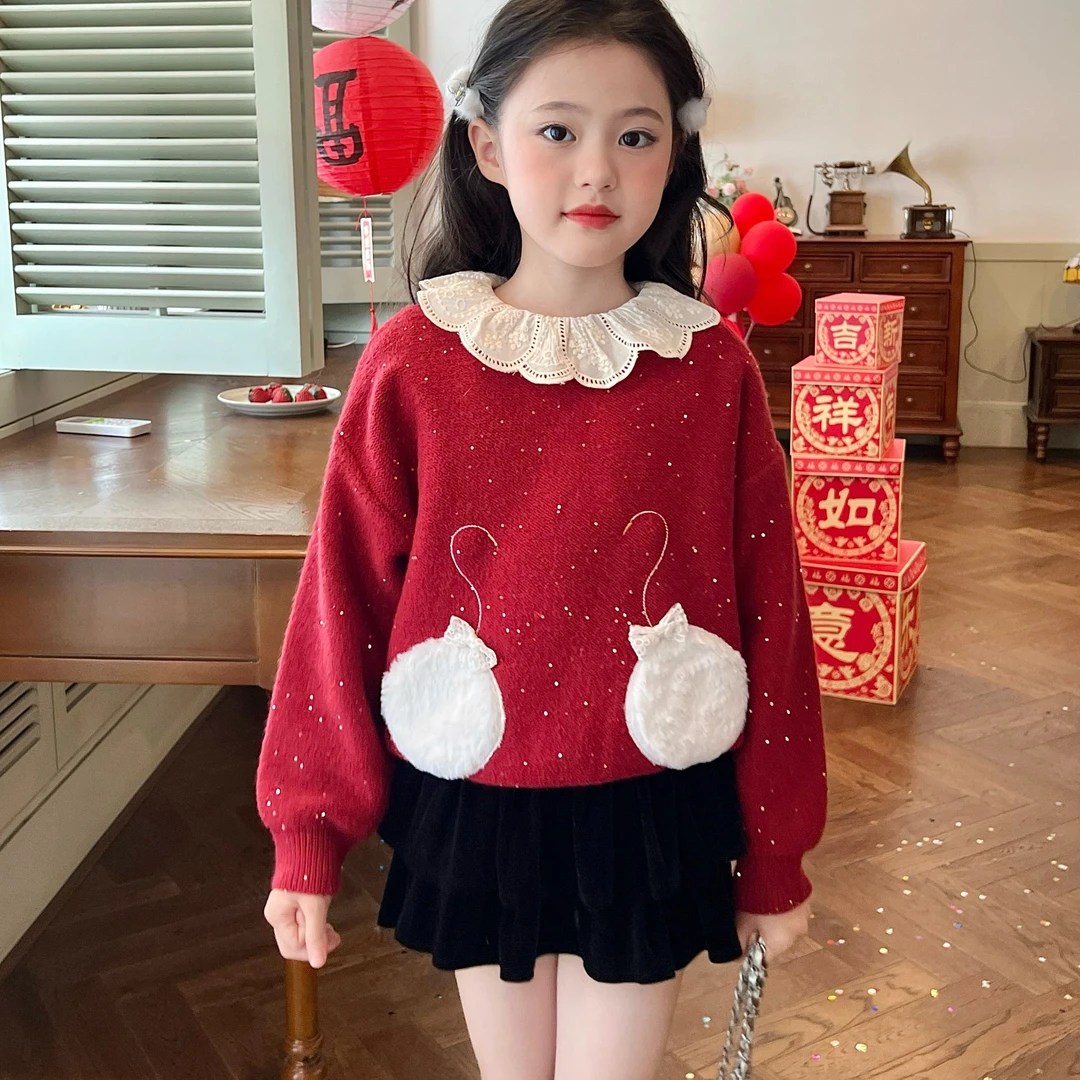 栀了成长记童装女童红色亮片圣诞毛衣秋冬儿童洋气套头时髦针织衫