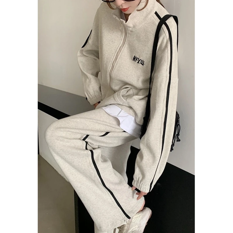 休闲运动套装女春秋季时尚外套华夫格港风宽松学生跑步服两件套潮