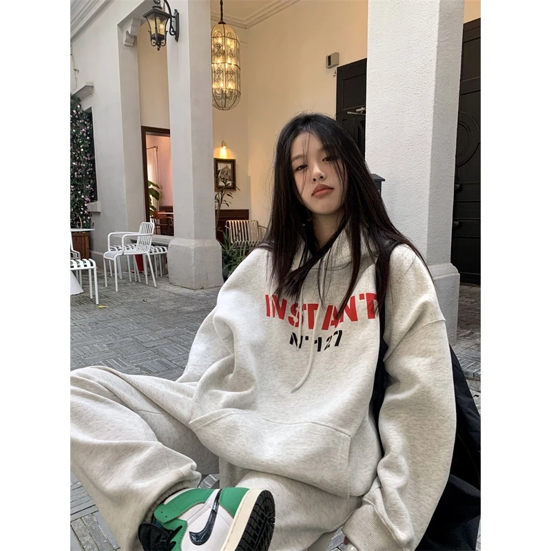 秋冬季韩版休闲运动套装美式复古慵懒风学生宽松连帽加绒卫衣套装