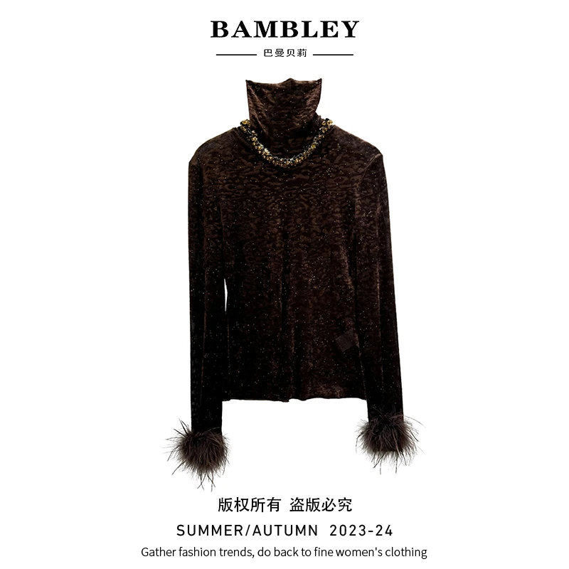 【巴曼贝莉】轻奢秋冬百搭驼鸟毛高领修身气质打底衫上衣GC2021981