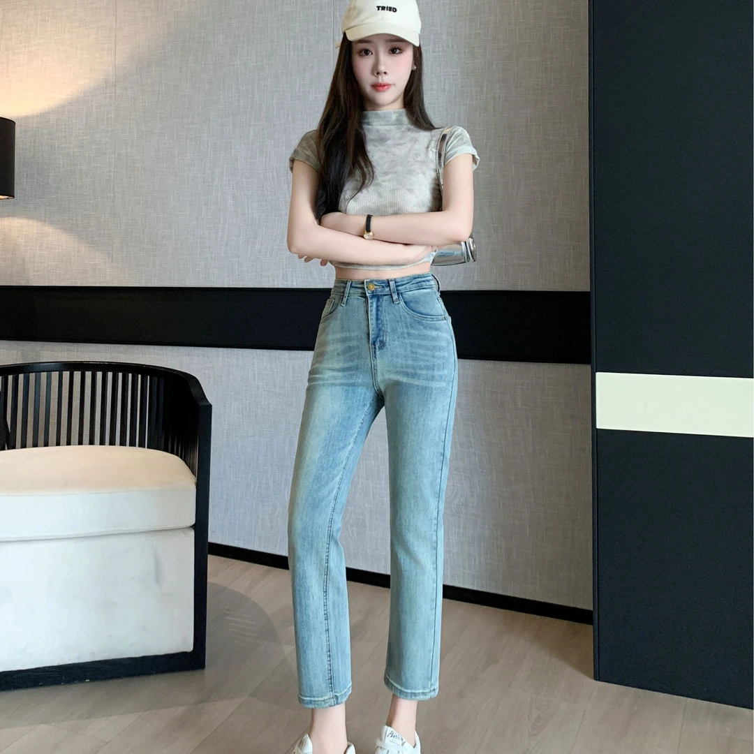 春夏显瘦烟管裤直筒烟牛仔裤裤子春秋小个子高腰夏季春秋高腰