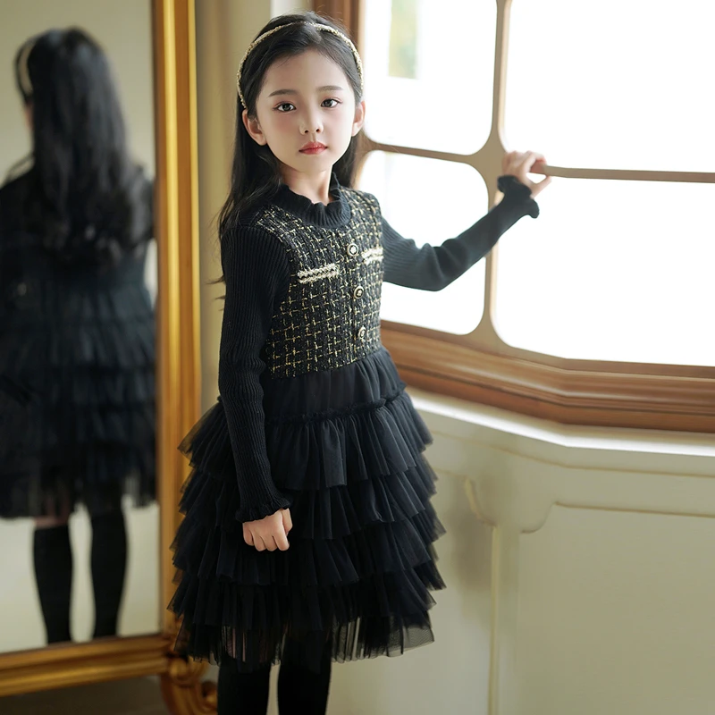 大童小香风连衣裙秋冬新款洋气黑色蛋糕纱裙女童中长款毛衣公主裙