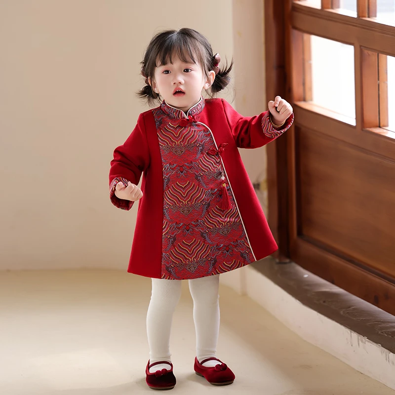 女童秋冬唐装旗袍裙红色2025新款洋气周岁女宝宝礼服生日宴抓周服