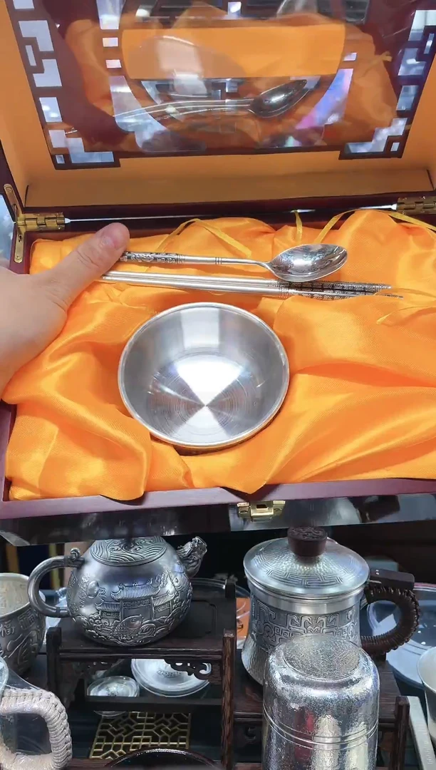 【闪购商品】砖雕足银999高手工银碗筷勺约225g