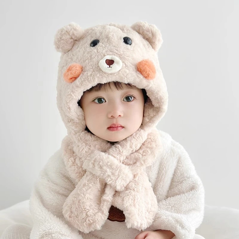 宝宝帽子秋冬季围巾一体毛绒帽婴儿冬天防风护耳帽男女童加绒保暖