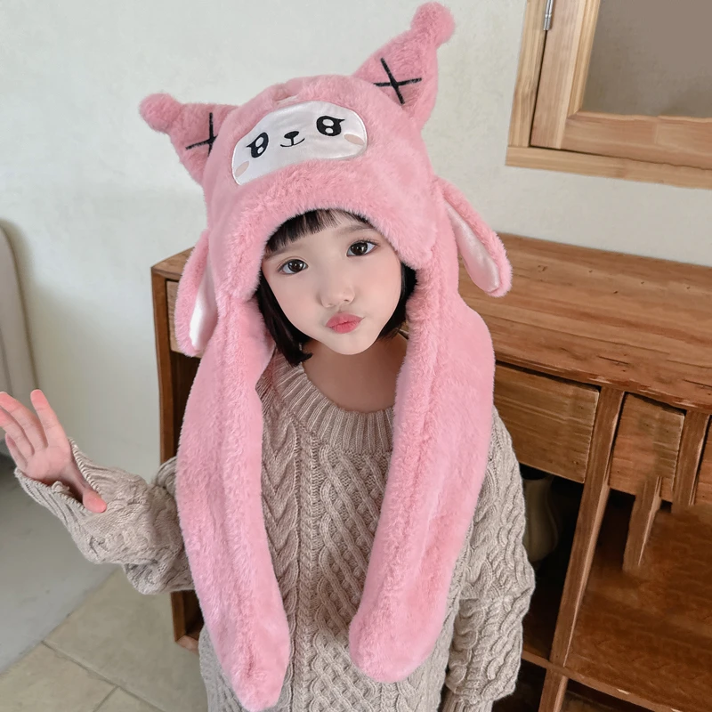 冬季宝宝帽子超萌耳朵会动保暖防风毛绒一体帽男女童加厚围巾套装