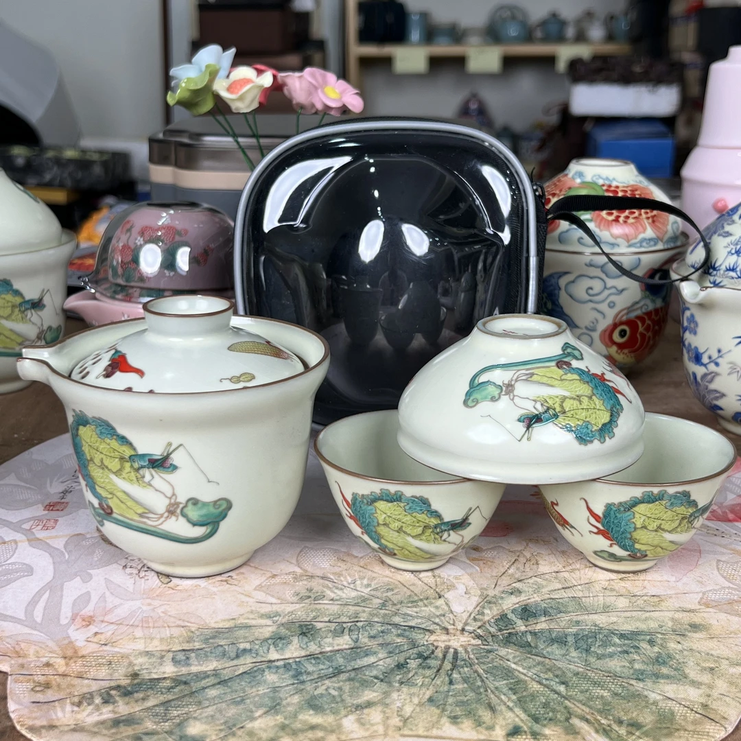 【闪购商品】汝窑旅行茶具一壶三杯百财如意快客杯车载旅行套888339