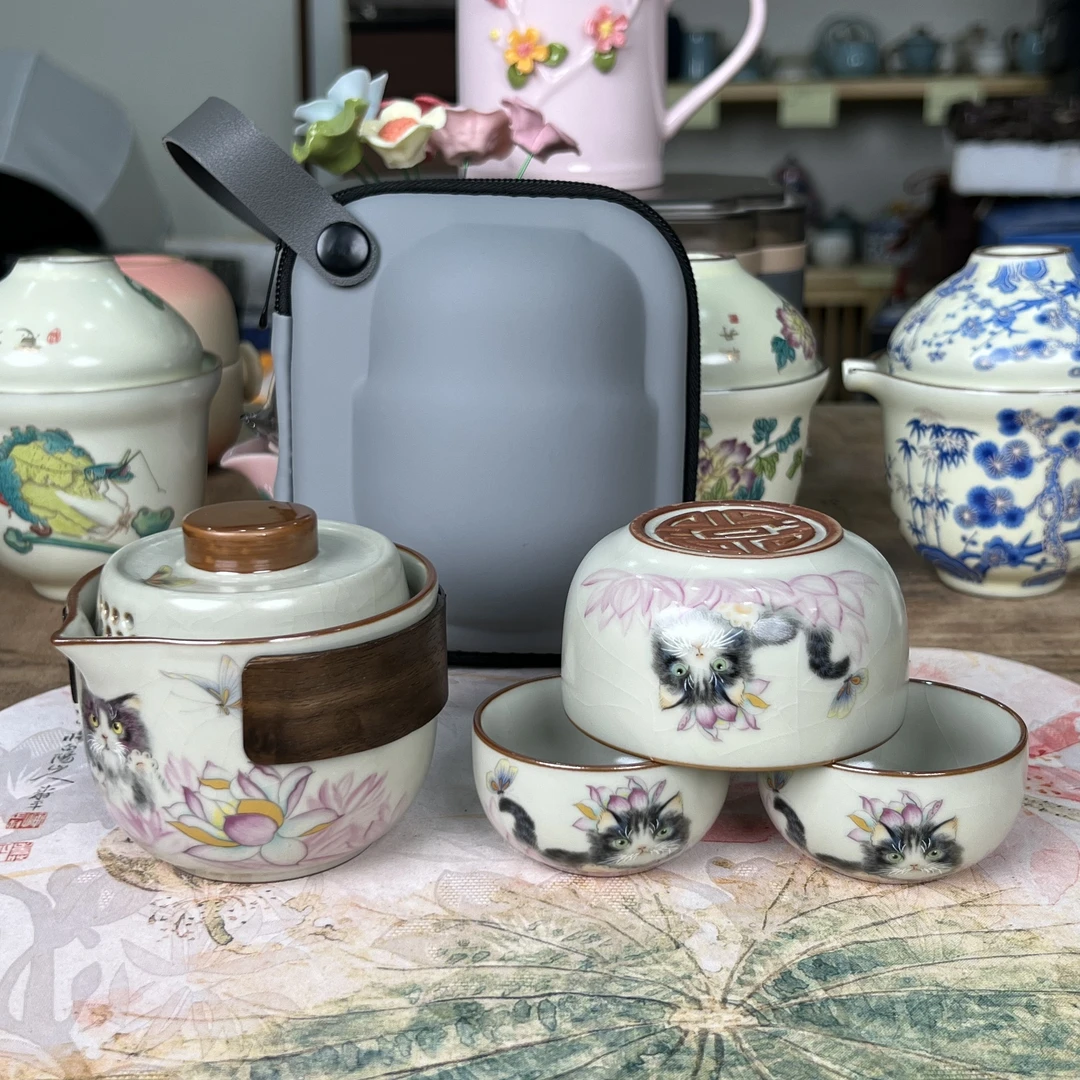 【闪购商品】汝中贵族荷花猫旅行茶具户外汝窑陶瓷便捷包露营888358