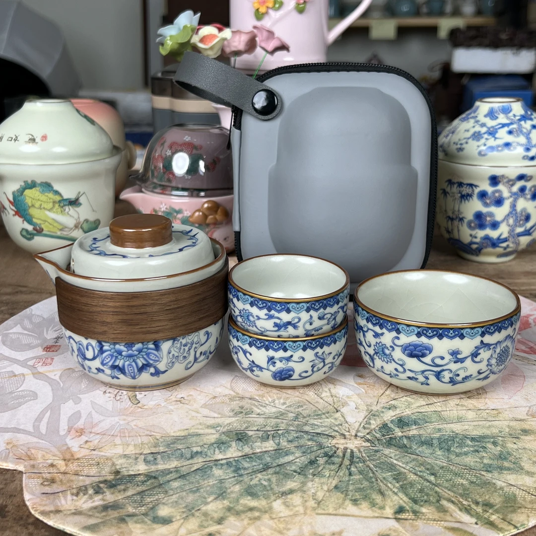 【闪购商品】青花缠枝莲精品旅行一壶三杯主人杯养瓷开片户外888181