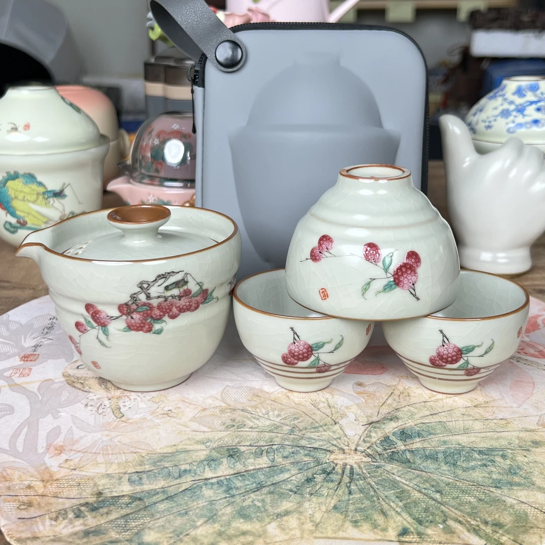 【闪购商品】汝窑茶具荔枝一壶三杯高品质旅行户外茶具居家瓷888381