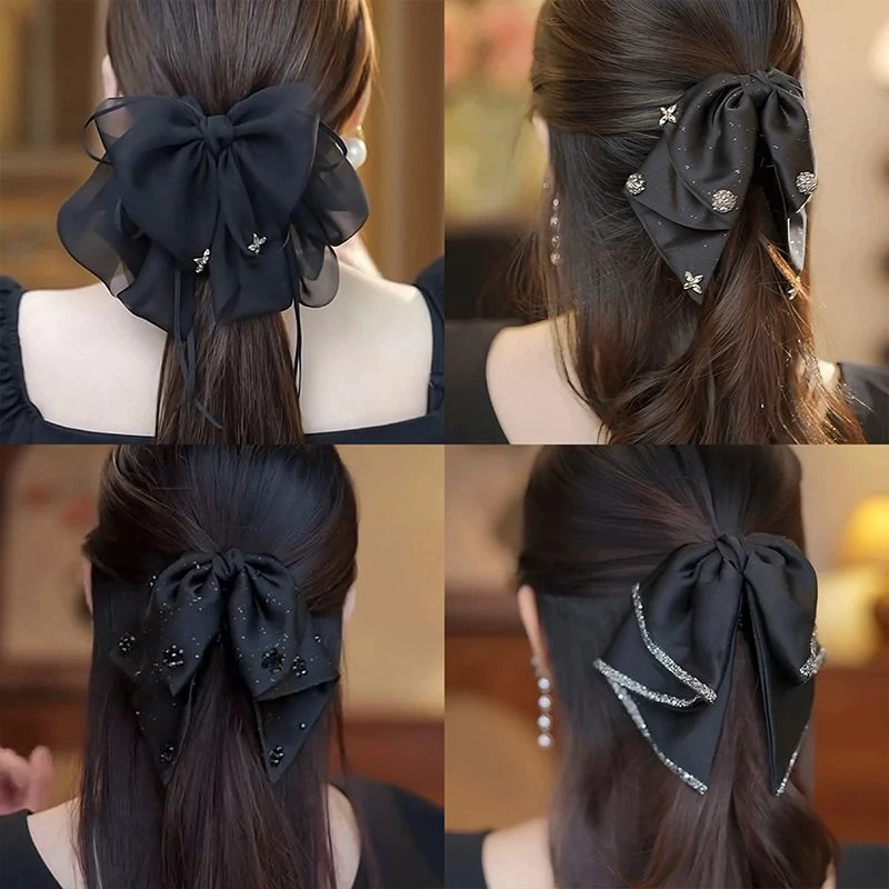 新款法式温柔气质蝴蝶结飘带发夹时尚减龄网纱马尾抓夹鲨鱼夹发饰