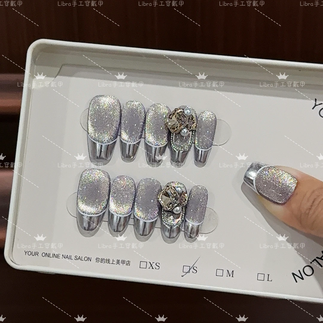 【巴黎往事】（12指蓝雾）手工穿戴甲气质款光疗美甲