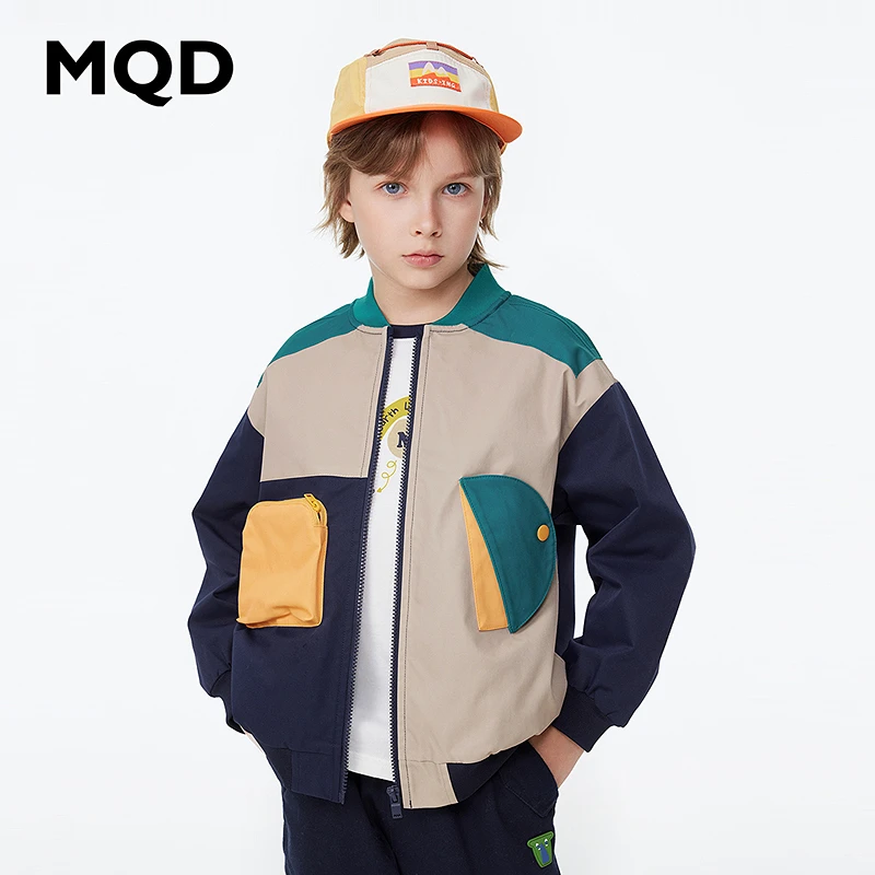 MQD童装儿童外套25春新款不规则撞色拼块时尚落肩棒球服9441W0802
