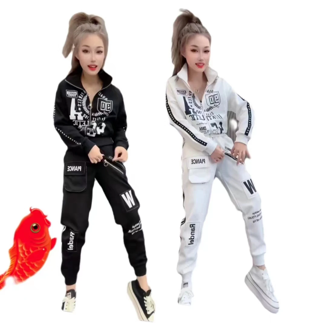 韩版时尚运动套装洋气气质开衫秋个性立领印花休闲宽松运动两件套