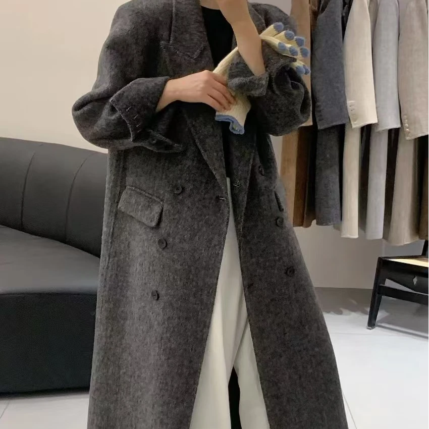西装领2024年新款人字纹百搭双排扣过膝双面羊毛大衣双面呢大衣