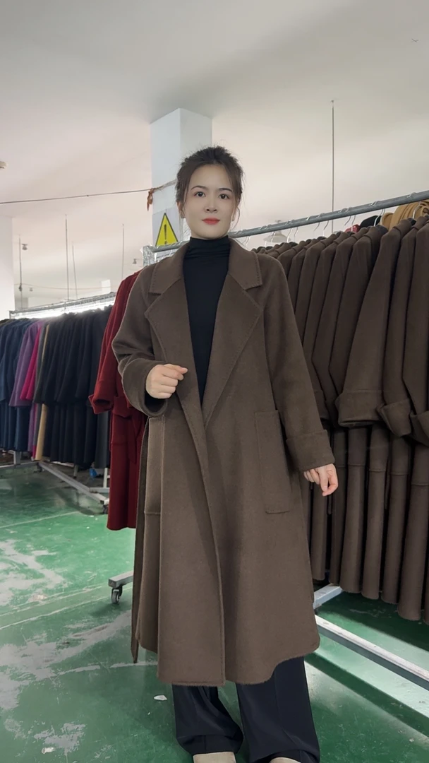 9308新款手缝双面羊绒大衣气质长款浴袍系带毛呢手女士大衣双面呢