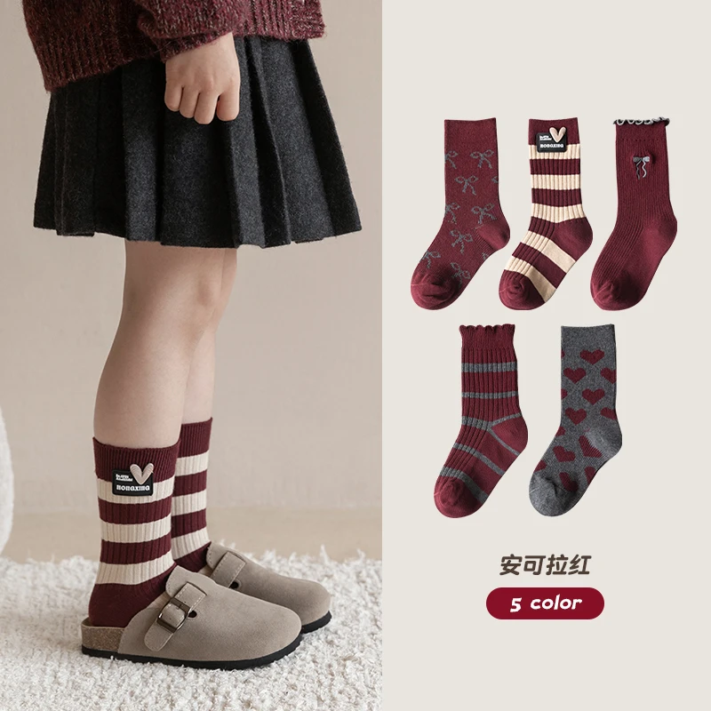 女童袜子春秋精梳棉儿童安可拉红中筒袜秋冬韩版女宝宝中大童潮袜
