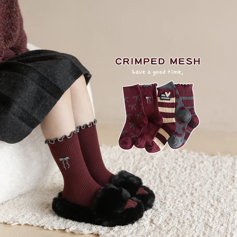 女童袜子春秋棉袜中大童安可拉红潮袜韩版秋冬复古红色儿童中筒袜